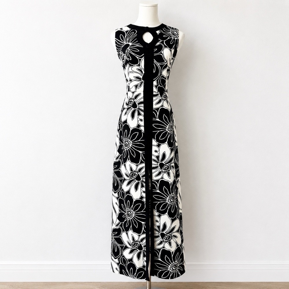 Vintage Black And White Mod Maxi Dress Size Large Floral Hawaiian Tiki Sz Large